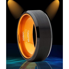 Metal Masters Co. Black Tungsten Wedding Band Men's Women's Unisex Ring Orange Interior Beveled Edge Brushed 8mm 9