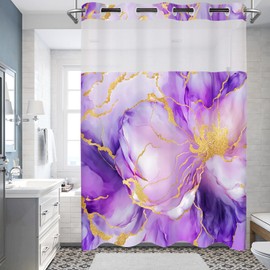LYLYCTY No Hook Shower Curtain with Snap in Liner Set, Purple and Gold Marble Floral Fabric Shower Curtain for Bathroom Hotel 71x74 Inches