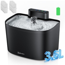 Bellkaspet Cat Water Fountain, 122oz/3.6L Pumpless Cat Fountain, Cordless Water Fountains for Cats Indoor, Dog Pet Water Fountain Battery Operated with Stainless Steel Tray (Black, Fountain+8 Fliters)