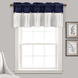 Lush Decor Linen Button Farmhouse Valance, 52" W x 18" L, Linen - Kitchen Curtains Valances, Rustic Color Block Design With Husk Button