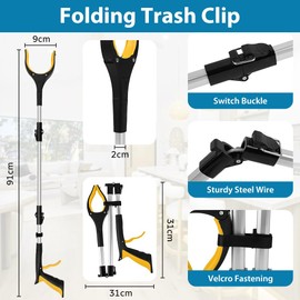 Adiwo Foldable Litter Picker Grabber, 91cm/36" Long Handle Litter Pickers Grabber Stick for Tall Users, 360 Degree Rotating Reach Aid, Helping Hand for Adults, Disabled, and Elderly, Yellow