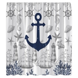 JOFKAXU Navy Blue Anchor Shower Curtain Vintage Nautical Coastal Sailboat Ocean Lighthouse Coral Rudder Starfish Shell Seahorse Beach Marine Life Sea Lover Bath Curtain with Hooks