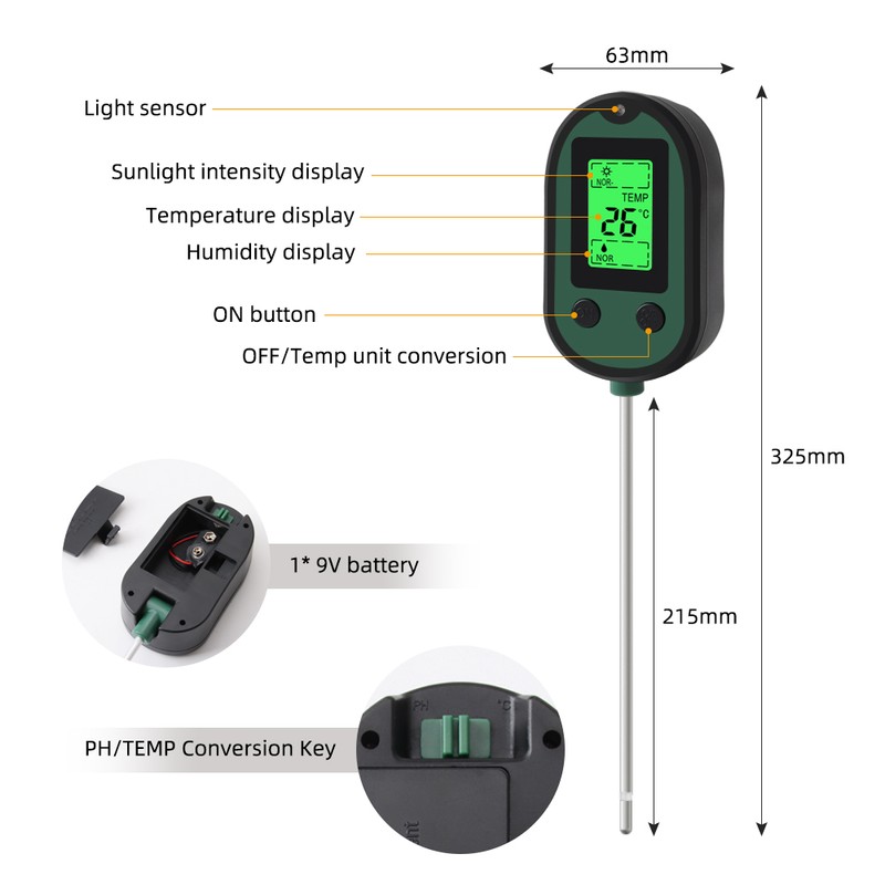 Soil PH Tester 5 in 1 Sunlight Moisture pH Temperature