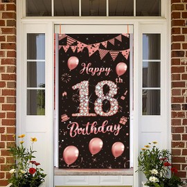 Tecreo Happy 18th Birthday Door Banner Backdrop Decorations for Girls,Rose Gold 18th Birthday Party Door Cover Sign Supplies,Eighteens Years Old Birthday Poster Background Photo Booth Props Decor