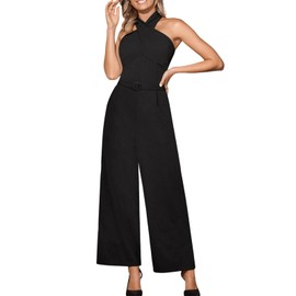 CUPSHE Women's Jumpsuit Crossover Halterneck Sleeveless Jumpsuit Smocked Waist Wide Leg Long Playsuit Elegant Office Trouser Suit, black