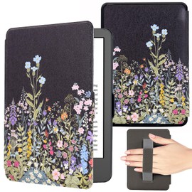 KEROM Case for 6 Inch New Kindle (11th Generation, 2024/2022), Slim Lightweight PU Leather Case with Hand Strap and Auto Wake/Sleep for Kindle 2024/2022 11th Generation e-Reader, Flowers