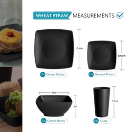 Teivio 48-piece Kitchen Plastic Wheat Straw Square Dinnerware Set for 12, Unbreakable Dinner Plates, Salad Plates, Snack Bowls, Tumblers 13.5 oz, Dishwasher Safe, Outdoor Camping Dish,Black