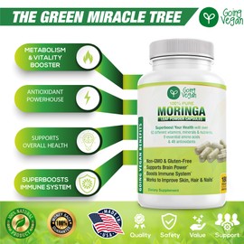 Going Vegan Moringa Capsules, 180 Vegan Pure Oleifera Leaf Powder Pills, 1200mg Per Serving, Non-GMO and Gluten-Free Supplement, 3 Months Supply, Immune System Support, Metabolism and Energy Booster