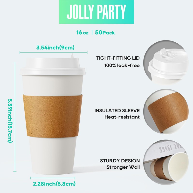 JOLLY PARTY [50 Pack] 16 oz Paper Coffee Cups, Disposable