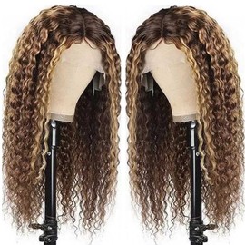 Ombre Brown to Caramel Blonde Highlights Culry Wave Lace Front Human Hair Wigs for Black Women, 4/27 Colored Balayage Human Hair Highlights Glueless Lace Wigs Pre-Plucked Hairline 150% Density 20 Inch