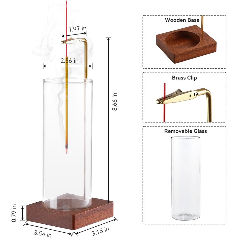 Incense Holder, Wooden Incense Holder for Sticks with Glass Ash