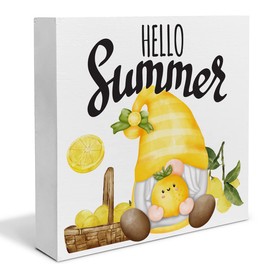 Hello Summer Wood Box Sign Desk Decor Lemon Gnome Wood Block Sign Decor for Home Kitchen Shelf Wall