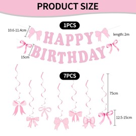 YSJCHEBS 1 Piece Happy Birthday Pull Flag, 7 Pieces Ribbon Pendants, Pink Bow Decoration, Birthday Party Background Decoration, Girls Party Supplies
