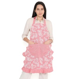 Encasa XO Kitchen Apron for Women | Cotton Chambray Fabric with Floral Frill | Kitchen & Cooking Aprons with 2 Large Pockets | Stylish Protection for Women - 70x85 cm - Red