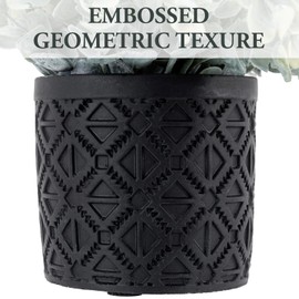 MyGift Artificial Eucalyptus Boxwood Plant in Modern Black Concrete Pot with Geometric Embossed Pattern, Faux Greenery Potted in Decorative Round Planter, Set of 2