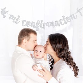Mi Confirmacion Banner, Spanish My First Holy Communion Sign, God Bless, Mi Bautizo, Baptism, Confirmation, Baby Shower Party Decorations, Silver Glitter
