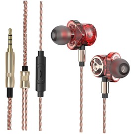 LABRIMP Driver Unit Wired Earbuds with Mic Stereo Sports Headset Braided Wire Metal Design for Music Movies Gaming Rich Bass Sound Ergonomic Fit Red
