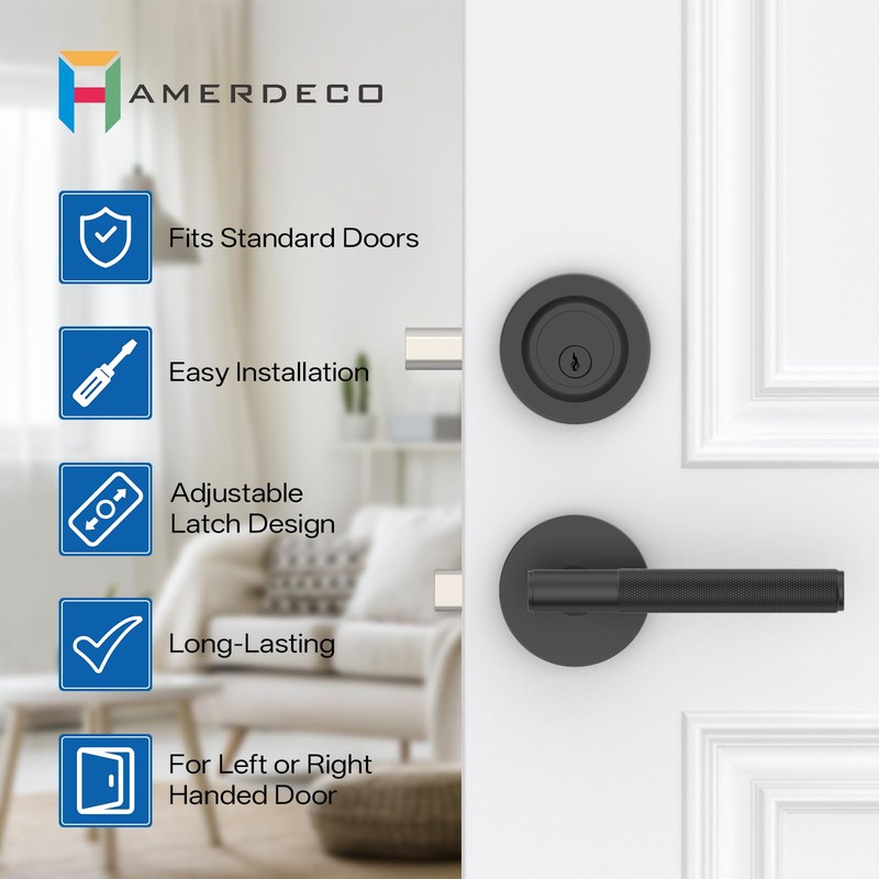 Amerdeco Front Door Lock Set with Double Cylinder Deadbolt, Black