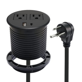 Desk Power Grommet USB C Recessed Power Strip 2 Outlet 2 USB Ports (1 USB-C & 1 USB) Mountable Power Station Flat Plug Extension Cord for Desktop Sofa Table Bedhead Kitchen Island Black