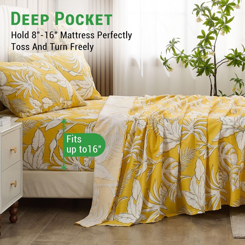 Gogreen 100% Cotton Sheet Set Full Size, Yellow Floral, 4PC