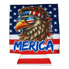 Funny MERICA Patriotic American Flag Eagle Drink Sleeve – Neoprene Insulator for 12oz and 16oz Cans – Double-Sided, Bright Colors, Keeps Drinks Cold and Hands Dry