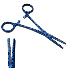 Dog Cat Pet Ear/Nose Hair Puller Grooming Hemostat Locking Forceps Straight Pliers, 5.5" (14cm) - Full Serrated Clamps - Made of Stainless Steel - Blue Paws Full Patterened Forceps for Pet Lovers