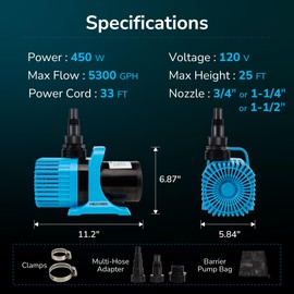 Hexago 5300GPH Submersible Water Pump, 450W Water Pond Pump with Barrier Bag, 33FT Power Cord, 25FT Lift Quiet Water Garden Pumps for Pond, Waterfall, Fountains, Fish Tank and Hydroponic, UL Listed