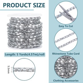 BENECREAT 5 Yard 5.5mm Sliver Crystal Rhinestone Close Chain Trim, 4-sided Sequins Rhinestone Cord String for DIY Crafts Cloth Costume, Jewelry Accessory