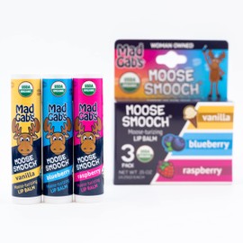 Mad Gab's Moose Smooch Assorted Lip Balm 3pk | Moisturizing and Certified Organic | Made with Organic Olive Oil and Beeswax (Vanilla, Blueberry, Raspberry)