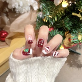 Christmas Fake Nails Short Square Winter Press on Nails Wine Red Full Cover Xmas Tree Santa Claus Swirl False Nails with Designs Glossy Glue on Nails Cute Acrylic Artificial Nails for Women Girls