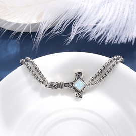 XIXLES Thor Hammer Bracelet for Men 925 Sterling Silver Opal Mjolnir Thors Hammer Bracelet Viking Norse Hammers Amulet Adjustable Link Bracelets Jewelry Gifts