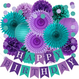 Meerjungfrau Geburtstag Deko Lila Lavendel Party Dekorationen Lila Matt Blaugrün Papierfächer Laternen Papier Pom Poms Kreis Punkt Girlanden für Meerjungfrau Geburtstag Mädchen Babyparty Party Deko