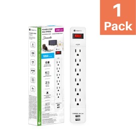 6-Outlet Grounded Surge Protector Power Strip with 2 USB Charging Ports, 1050 Joules, 4 Foot Power Cord Extension, Wall Mountable, UL Listed, Ideal for Home or Office, White, (1 Pack)