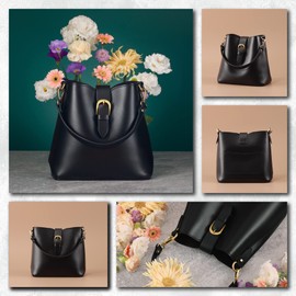 Town Bucket Vegan Leather Bag For Women (Black) Hobo Retro Faux Casual Purse Classic Vintage Simple Shoulder Handbag