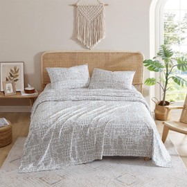 Indigo Ink - Queen Size Sheet Set, 4-Piece Boho Geometric Patterned Bedding, Soft & Wrinkle Resistant (White Denim Collection, Taupe)