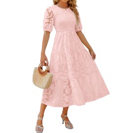 ZESICA Women's 2025 Summer Short Puff Sleeve Crewneck Smocked Floral Lace Flowy A Line Tiered Maxi Dresses,Pink,Large