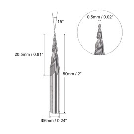 sourcing map Tapered Ball Nose End Mill, Uncoated Solid Carbide 2 Flute Spiral Milling Cutter, 0.25mm Radius, 0.5mm Diameter, 6mm Shank, 50mm Length, 15 Degree Angle
