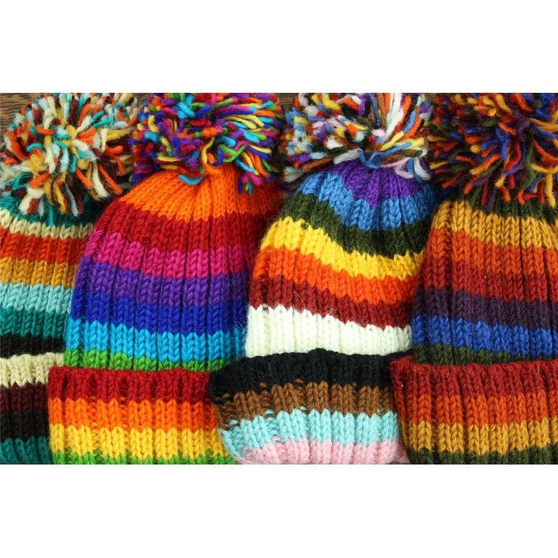 LOUDelephant Hand Knitted Wool Beanie Bobble Hat - Stripe Bright
