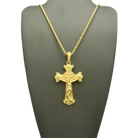 NYFASHION101 Polished Crucified Jesus on Saint Benedict Cross Pendant w/Necklace - 3mm 18" Rope Chain, Gold-Tone