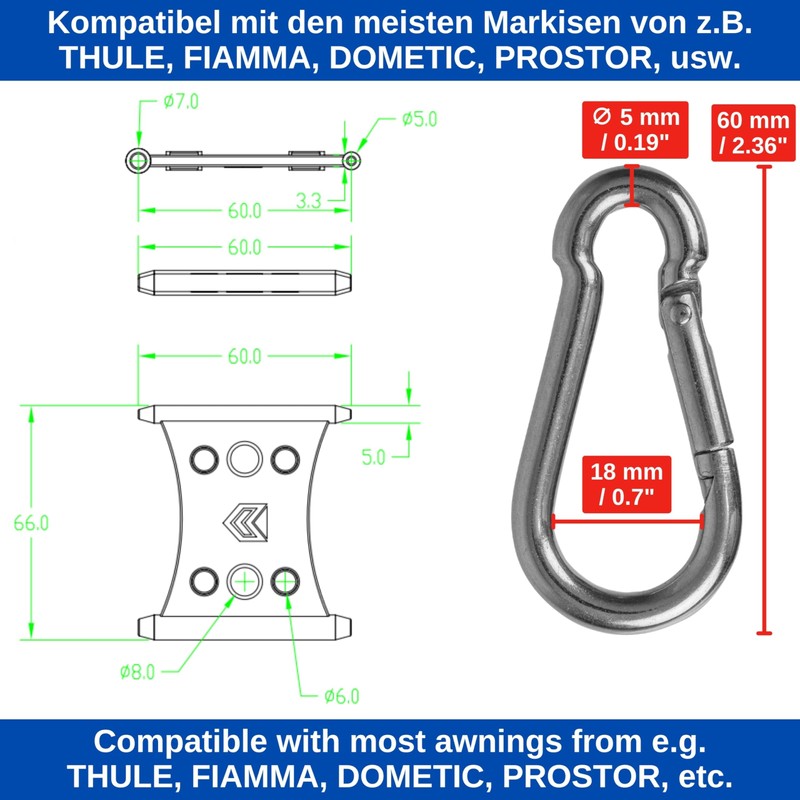 Awning Hooks for Piping Rail, Pack of 6, White, for