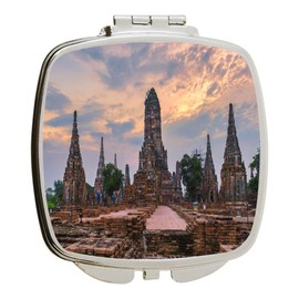 Island Gifting - Image of Ayutthaya Thailand at Wat Chaiwatthanaram Sunset - Square Compact Mirror - Travel Mirror