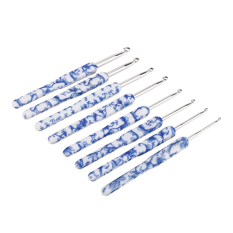 8pcs Crochet Hook Set Blue White Porcelain Printing Hand Polished