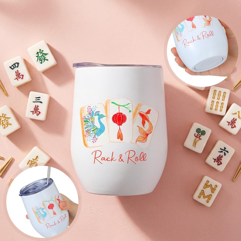 Patelai 4 Pcs Mahjong Tumbler with Lid Straw, Insulated,Elegant