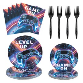 96 Pcs Video Game Birthday Party Decorations | Serve 24 - Game Party Supplies Includes Plates, Forks, Napkins, Tableware for Boys Gaming Theme Birthday Party