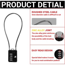 RESET-200 (2 Pack) 4 Digit Combination Padlock with 20 in (50 cm) Cable, Chain Lock, Rope Lock, Cable Lock for Trash Can Lid, Bin, Locker, Gym Locker, Luggage, Helmet, 3 mm Diameter, Black