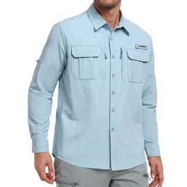 Haimont Men's Long Sleeve Sun Protection Shirts UPF 50+ UV Quick Dry Fishing Top with Pockets for Camping Hiking,Light Blue,S