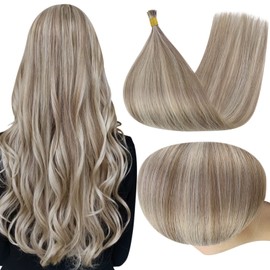 Full Shine Itip Hair Extensions 22 Inch Fusion Remy Hair Extensions Ash Brown Highlights Platinum Blonde Balayage Natural Straight Hair I Tip Hair 0.8g/s 50s Stick Tip Hair Extensions 40g #8P60