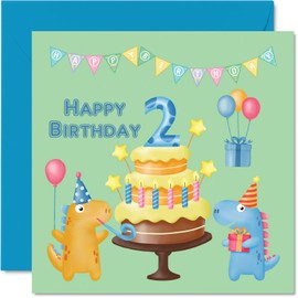 Boys 2nd Birthday Card Dinosaur Birthday Card Party - Happy Birthday Card 2 Year Old Boys Birthday Cards Him 145mm x 145mm Greeting Card Son Nephew Grandson Kids Kids Kids