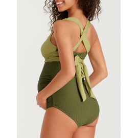 Summer Mae Maternity Swimsuit One Piece Tummy Control Suit V-Neck Pregnancy Swimwear Olive 10