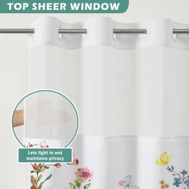 Shellspace No Hook 3 in 1 Shower Curtain with Snap in Liner, Colorful Flowers Shower Curtain Set with See Through Top Window, Machine Washable Waterproof Polyester Fabric Bath Curtain, 71 x 74 in